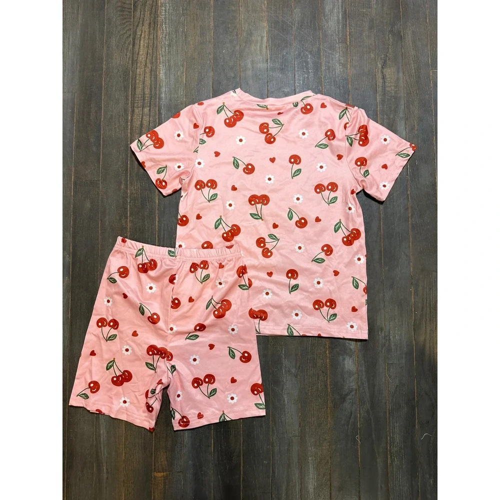 Girls Pink Cherry Daisy Heart Print Pajama Set Short Sleeve Shirt Shorts 2PC